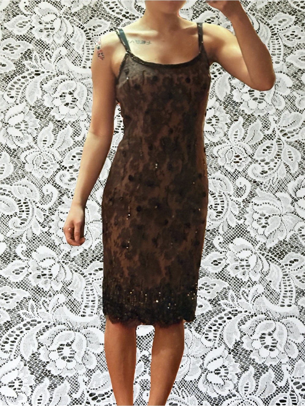 Oscar de la Renta Vintage Brown Embellished Sheer Mesh Dress with Sequins